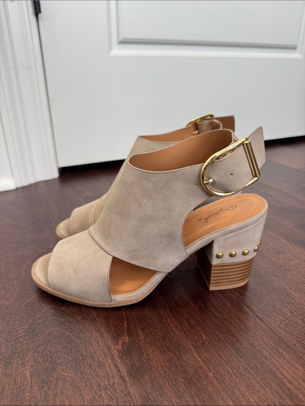 Qupid Taupe Heels Gold Studded Vegan Leather Nubuck Buckle Shoes, size 7.5